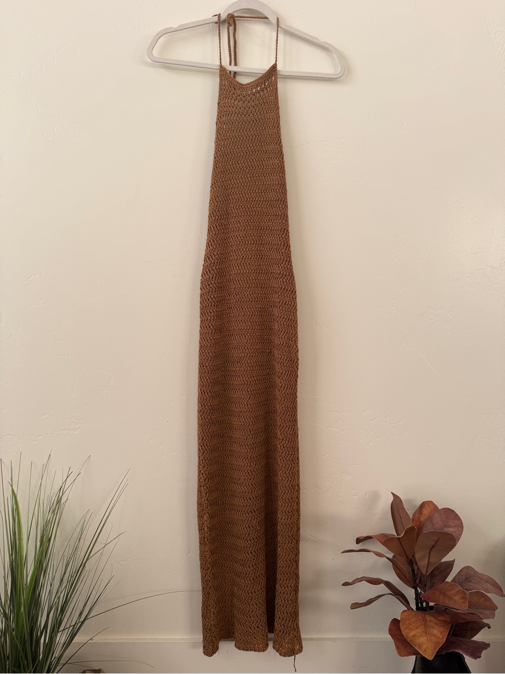 Crochet Halter Maxi Dress in Warm Brown